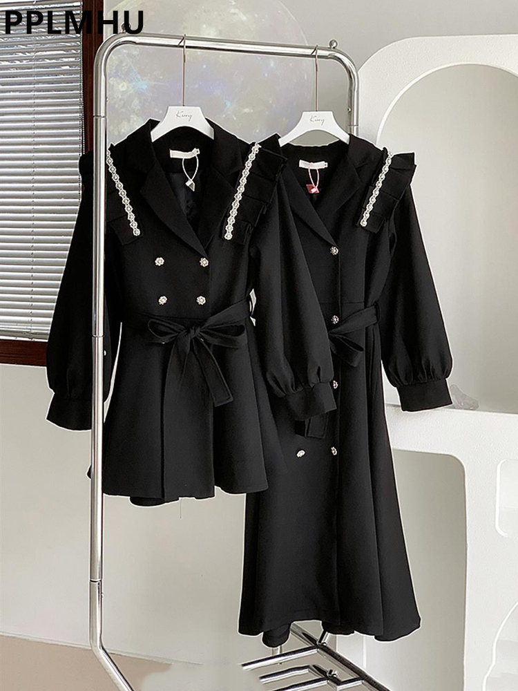 Trench Coat Formal - Black Korean Beaded Pearls Trench Coats