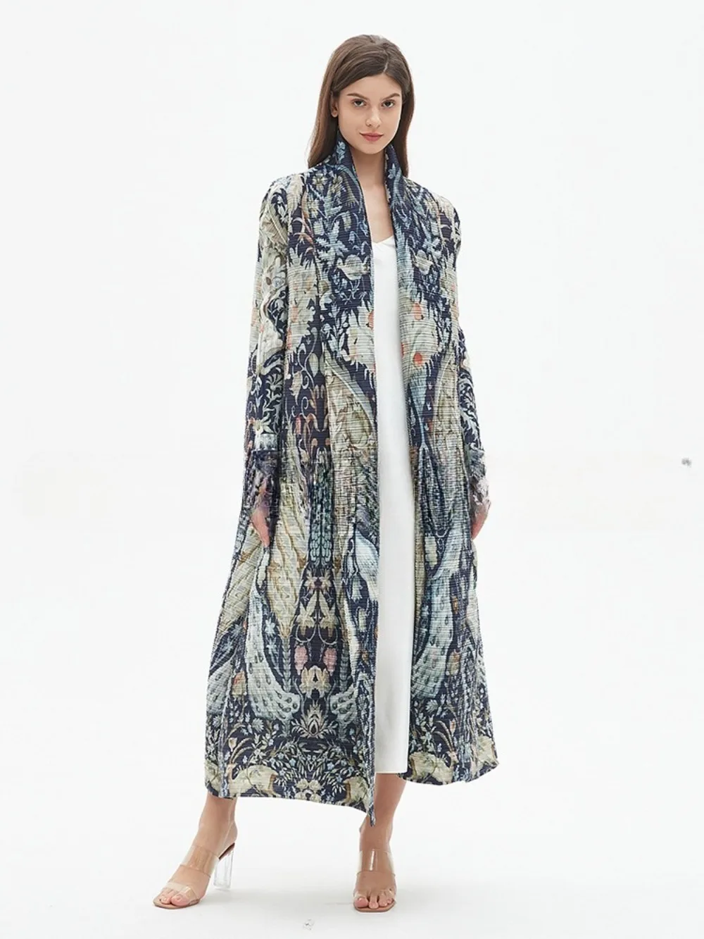 Trench Coat Formal - Miyake Pleated Abaya Vintage Printed Long