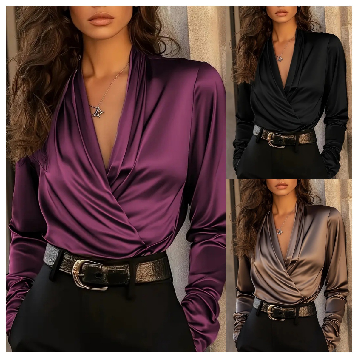 Women's Satin Wrap V Neck Long - Women Formal Wear Tops avaliação e preço