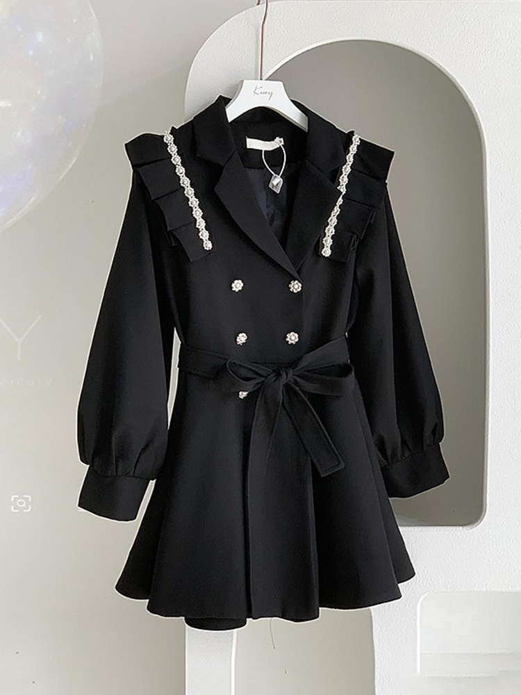 Black Korean Beaded Pearls Tre - Trench Coat Formal avaliação e preço