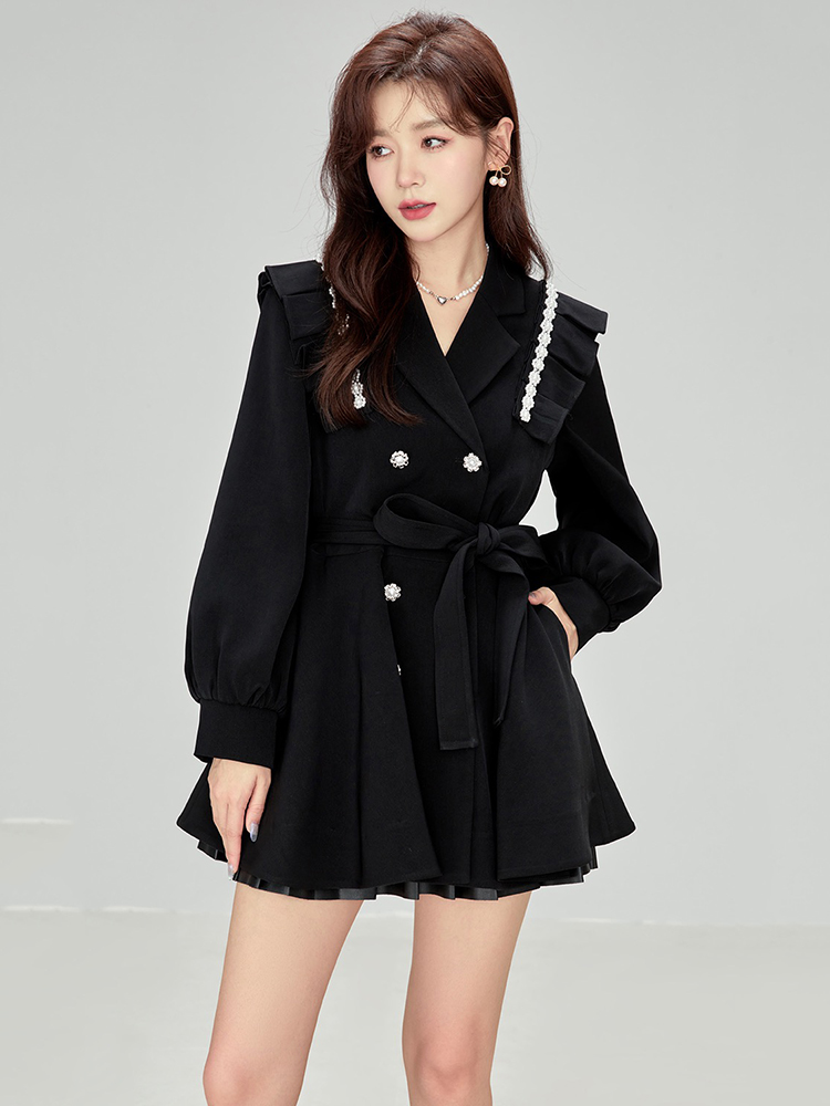 Black Korean Beaded Pearls Tre - Trench Coat Formal avaliação e preço